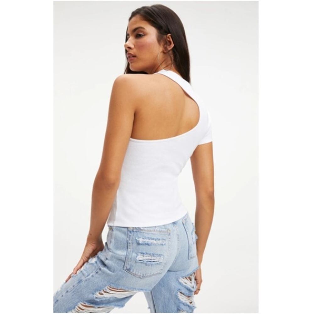 NEW! Good American Asymmetrical Open Back Tee in WHITE (3) - Picture 2 of 6